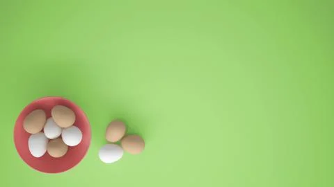 Chicken eggs into a pink cup on the table, green background with copy space,  Stock Illustration