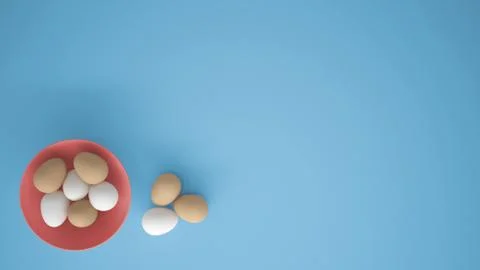 Chicken eggs into a pink cup on the table, blue background with copy space, b Stock Illustration