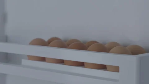 Chicken eggs placed in plastic container in light fridge Stock Footage 252765162