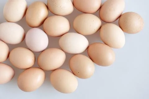 Chicken eggs random on the white background - top view Fotos Stock