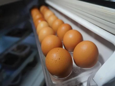 Chicken eggs on the refrigerator Stock Photos