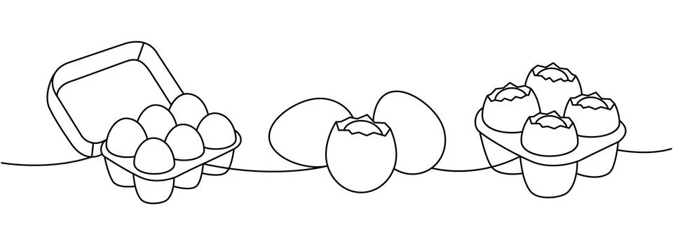Chicken eggs set one line continuous drawing. Boiled eggs, broken eggshell イラスト素材