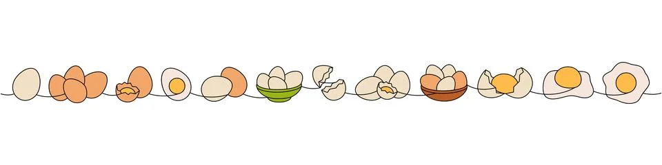 Chicken eggs set one line colored continuous drawing. Boiled eggs, broken Stock Illustration