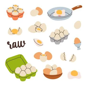 Chicken eggs set. Raw and boiled eggs, broken eggshells, protein and yolk. Hand 库存插图