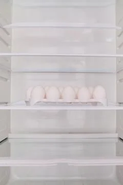 Chicken eggs standing on the empty shelf of the refrigerator in the egg tray Stock Photos