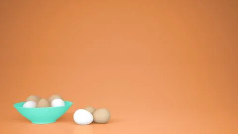 Chicken eggs into a turquoise cup on the table, orange background with copy s Stock Illustration