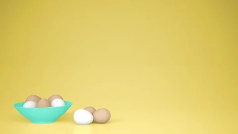 Chicken eggs into a turquoise cup on the table, yellow background with copy s Stock Illustration