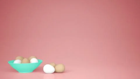 Chicken eggs into a turquoise cup on the table, pink background with copy spa Stock Illustration