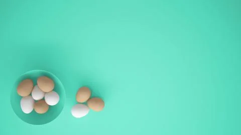 Chicken eggs into a turquoise cup on the table, turquoise background with cop Stock Illustration