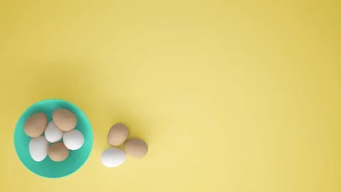 Chicken eggs into a turquoise cup on the table, yellow background with copy s Stock Illustration