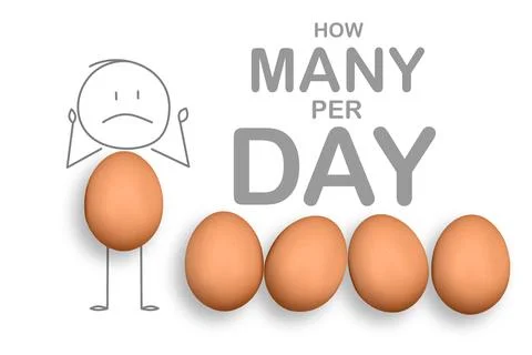 Chicken eggs on the white background with HOW MANY PER DAY. Stock Photos