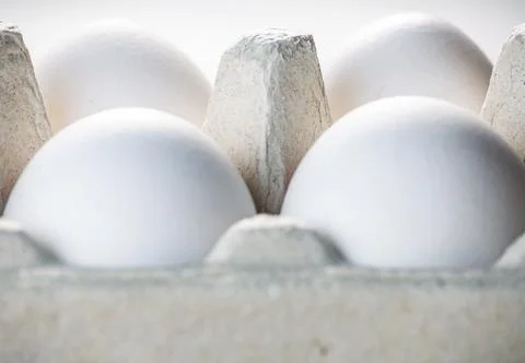 Chicken eggs with a white shell in a cardboard box on a white background Stock-Fotos