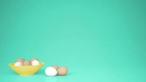 Chicken eggs into a yellow cup on the table, turquoise background with copy s Stock Illustration