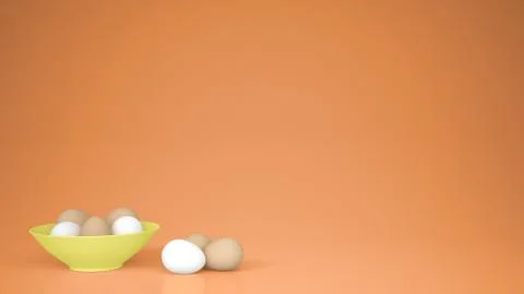 Chicken eggs into a yellow cup on the table, orange background with copy spac Stock Illustration