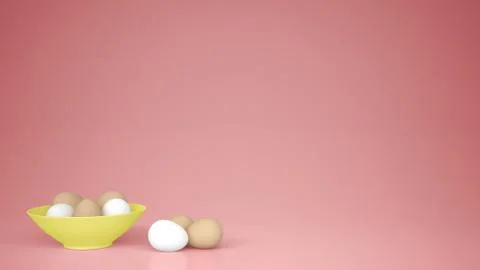 Chicken eggs into a yellow cup on the table, pink background with copy space, Stock Illustration