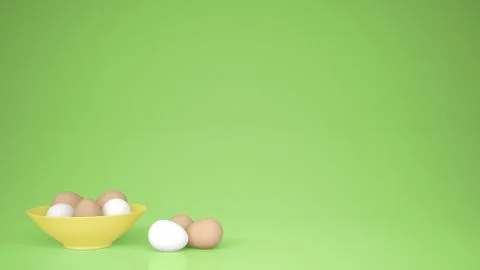 Chicken eggs into a yellow cup on the table, green background with copy space Stock Illustration