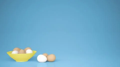Chicken eggs into a yellow cup on the table, blue background with copy space, Stock Illustration