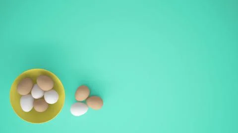 Chicken eggs into a yellow cup on the table, turquoise background with copy s Stock Illustration