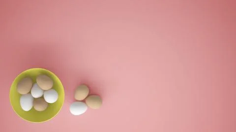 Chicken eggs into a yellow cup on the table, pink background with copy space, Stock Illustration