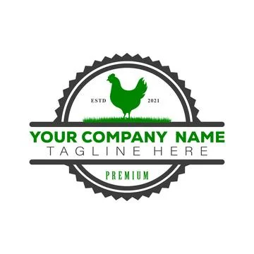 Chicken farm logo template. Vector illustration of chicken silhouette and green 스톡 일러스트