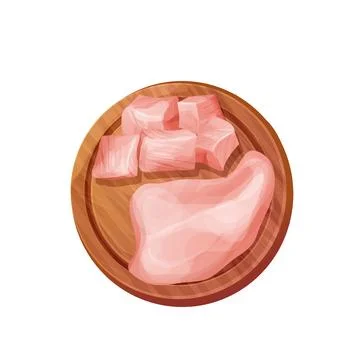 Chicken file and pieces, cubes raw meat, chopped slices on wooden bord in Stock Illustration