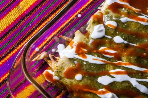 Chicken Filled Green Enchiladas, Traditional Mexican Meal Stock Photos