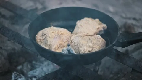 Chicken Fillets Frying on Campfire Stock Footage 303707056