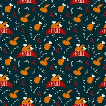 Chicken food pattern. Background with fried legs and doodle wings. Textiles with Stock Illustration