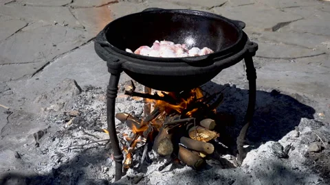 Chicken is fried in a cauldron, over an open fire Stock Footage 110770097