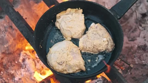 Chicken Frying on Campfire Stock Footage 303706504