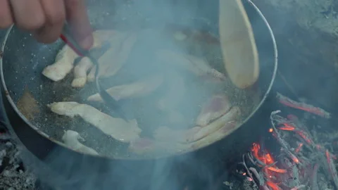 Chicken Frying Over Campfire Video stock 310825624
