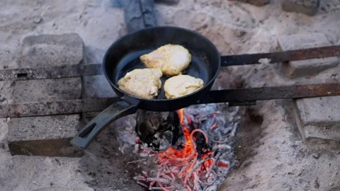Chicken Frying in Pan on Campfire Stock Footage 293280623