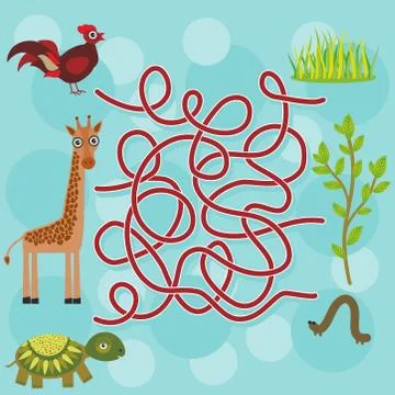 Chicken, giraffe, turtle, labyrinth game for Preschool Children. Vector Illustrazione stock