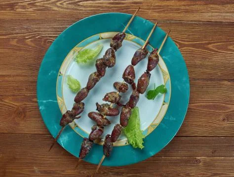 Chicken heart kebabs Foto stock