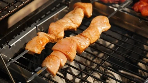 Chicken kebabs cook on a BBQ Stockbeeldmateriaal 115054735