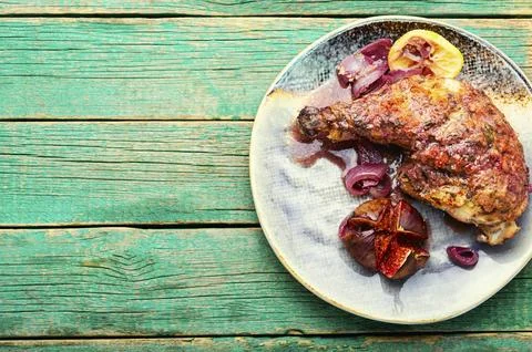 Chicken leg with fig,space for text Stock Photos