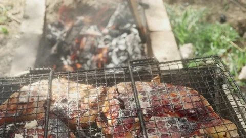 Chicken legs with an appetizing crust, preparing, in a camping barbecue gril 스톡 동영상 189960447