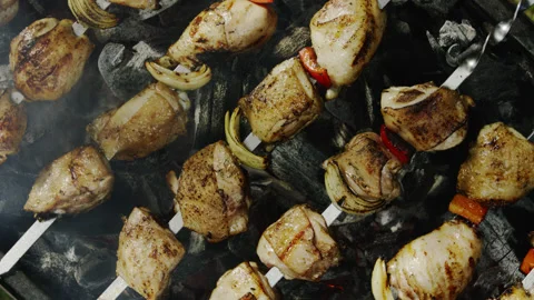 Chicken Meat and Vegetables on Flame Top Down View Stock Footage 145251595