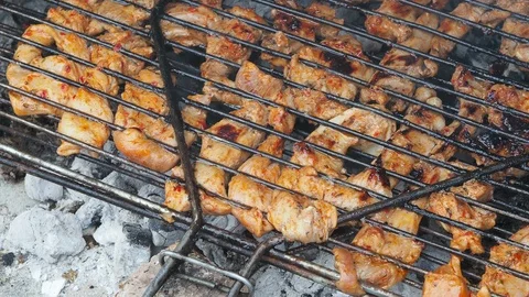 Chicken meat cooked in a grill on a coal fire Stock Footage 93580342