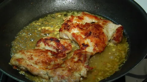 Chicken Meat Cooking In Pan Stock-Footage 144595626
