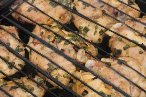 Chicken meat on fire .  It is appetizingly prepared Stock Photos