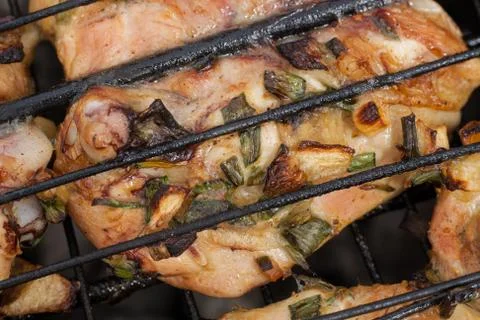 Chicken meat on fire .  It is appetizingly prepared Stock Photos