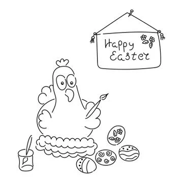 Chicken in the nest, painting Easter eggs. Poster Happy Easter. Vector illust Stock Illustration
