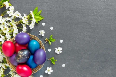 Chicken nests with painted Easter eggs on dark tabletop. Holiday greeting c.. Stock Photos