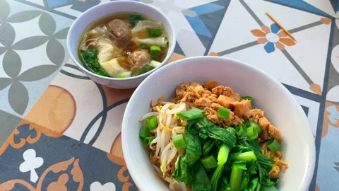 Chicken noodle with meatball and dumpling. 库存影片 335559697