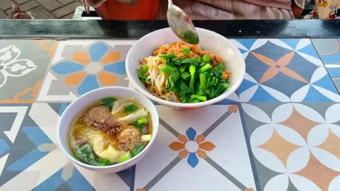 Chicken noodle with meatball and dumpling. Stock Footage 335559751