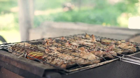 Chicken with onions and oranges spread on the grill for a barbecue Vidéo 91352853