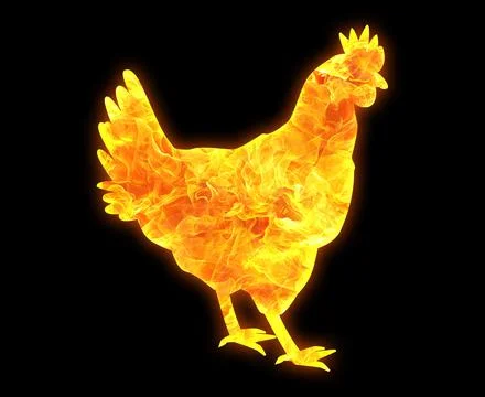 Chicken outline with a bright fire pattern isolated on a black background Stock Illustration