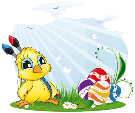 Chicken with paintbrushes on spring meadow Stock Illustration