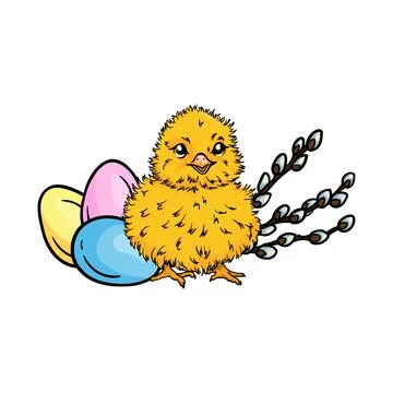 Chicken, painted eggs and willow branches Stock Illustration